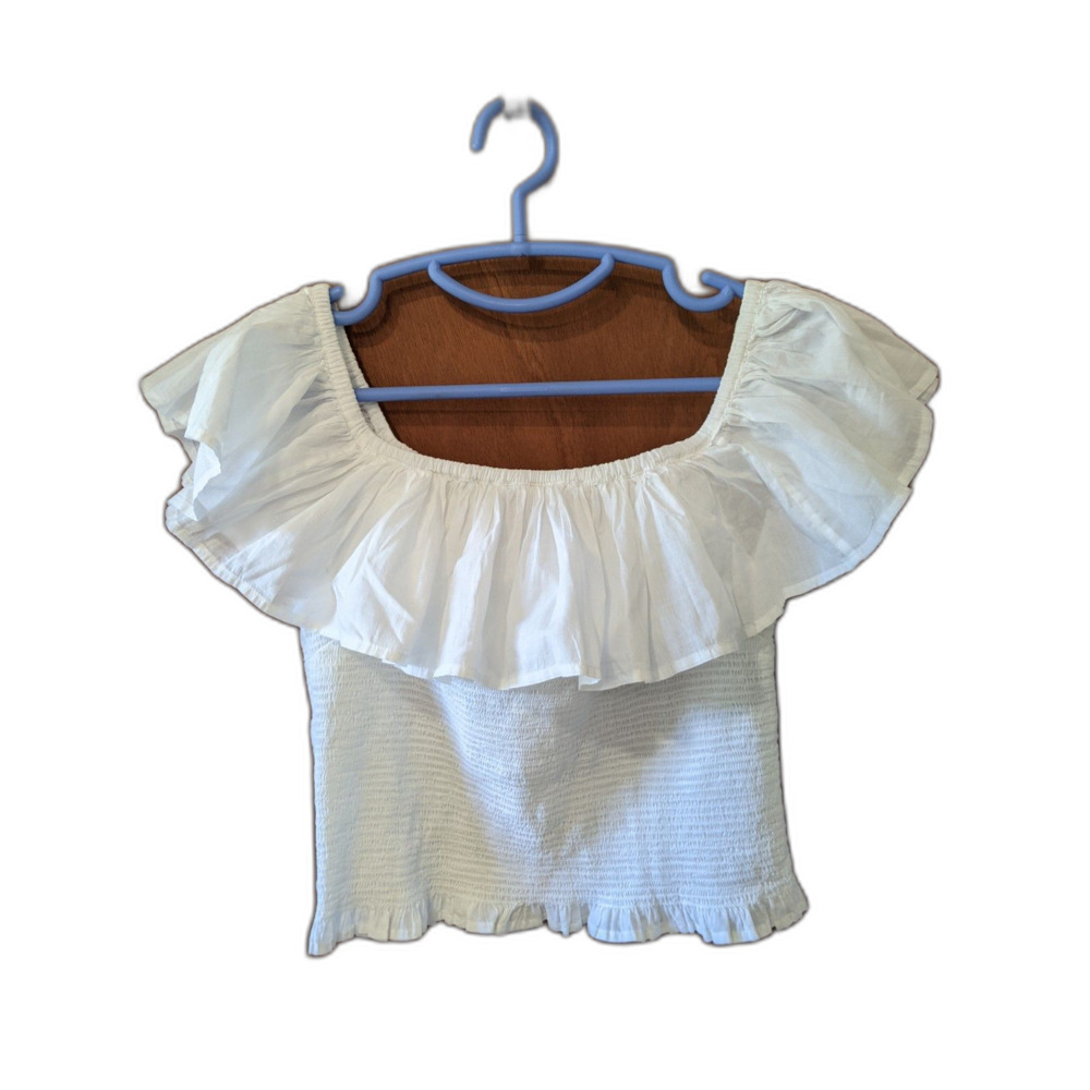 White Off The Shoulder Ruffle Blouse Stretch Smocking Crop Top Sz L Coquette